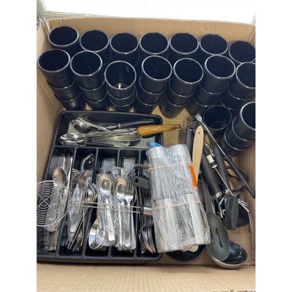 TWO TRAYS OF CUTLERY AND KITCHEN UTENSILS WITH BOX OF UNBREAKABLE CUPS