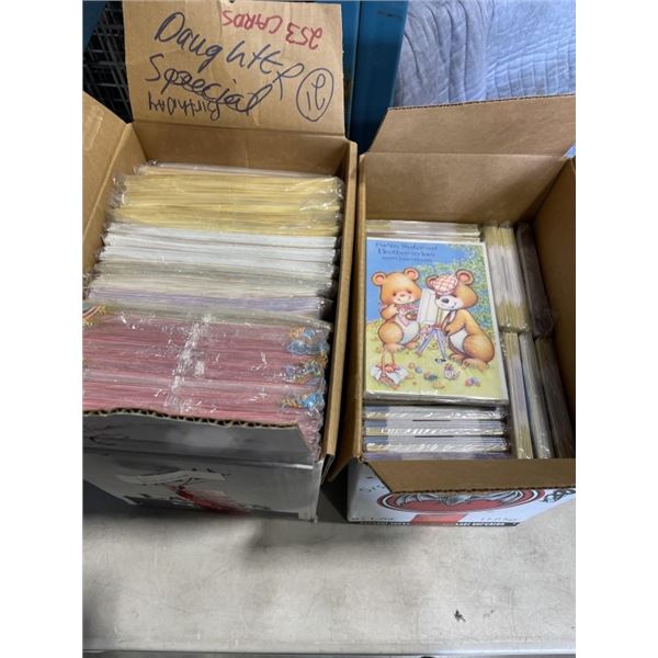 2 CASES OF VINTAGE GREETING CARDS, FROM ENGLAND, VARIOUS TYPES AND OCCASSIONS, APPROX 500 CARDS