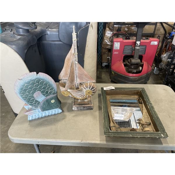 CARVED SAIL BOAT, FISH, AND MIRROR