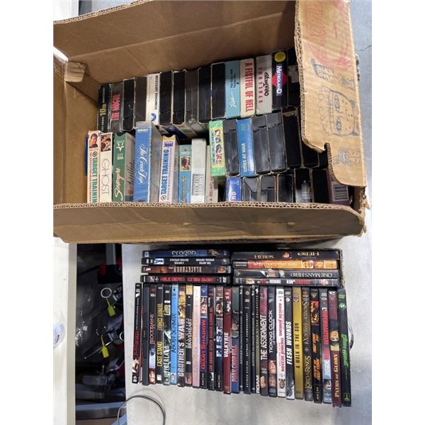 VINTAGE VHS TAPES AND TRAY OF DVDS