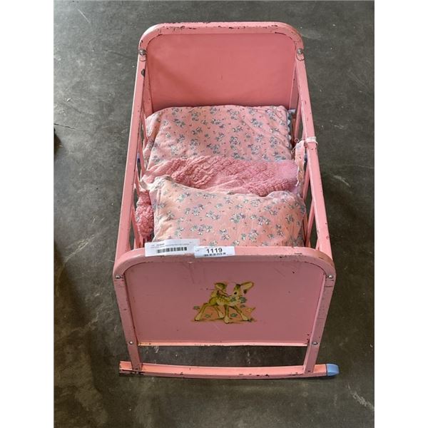 VINTAGE DOLL ROCKING BED W/ LINENS