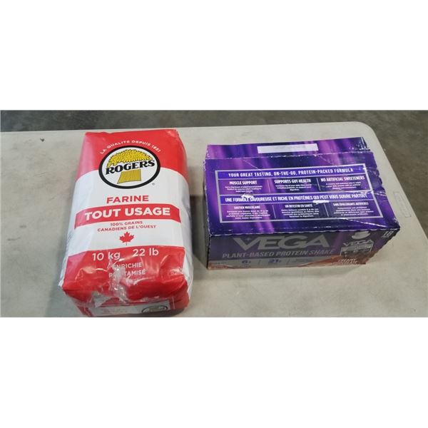 CASE OF VEGA PROTEIN SHAKES BB 2027, AND BAG OF FLOUR 22LB
