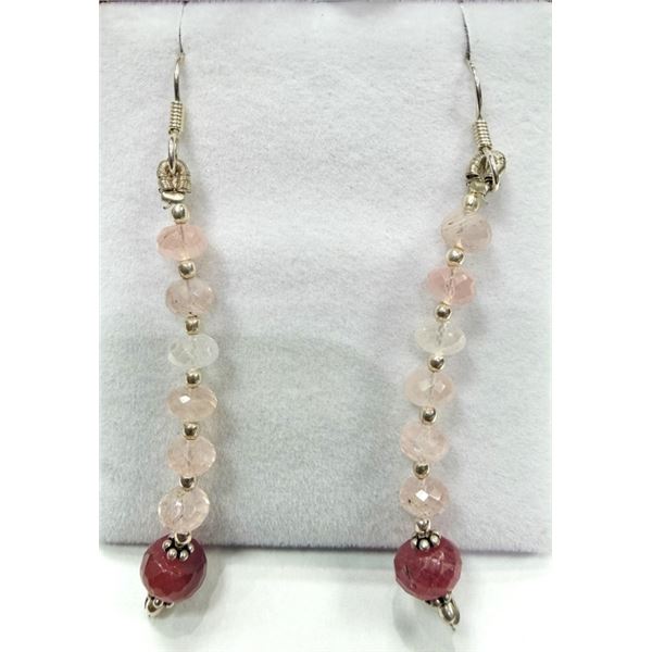 STERLING SILVER ROSE QUARTZ AND RUBY EARRINGS, RETAIL $350.00.