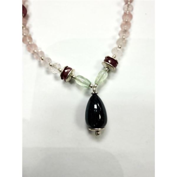 STERLING SILVER NATURAL ROSE QUARTZ, RUBY AND BLACK TOURMALINE BEAD NECKLACE, RETAIL $400.00.