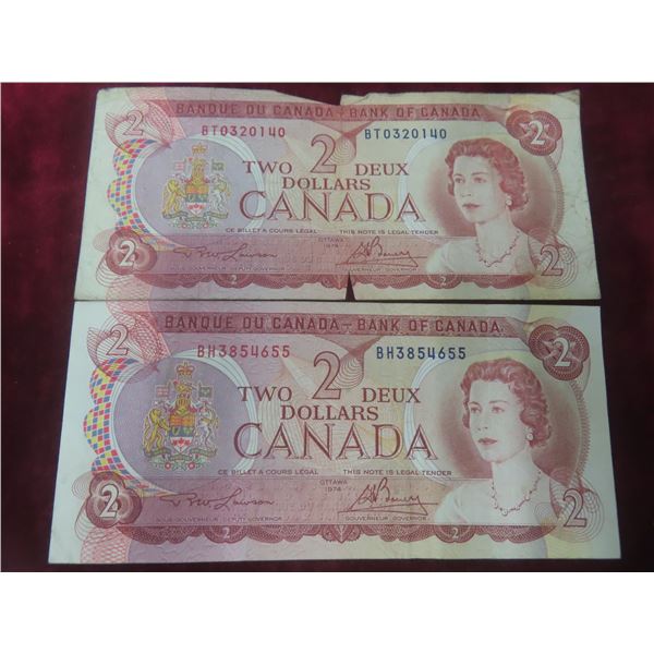 2 x 1974 Two Dollar Bills (1 Mint, 1 Poor)