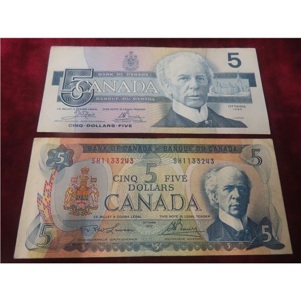 2 Five Dollar Bills: 1972 and 1986