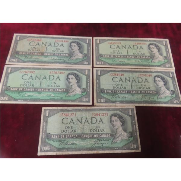 5 x 1954 One Dollar Bills