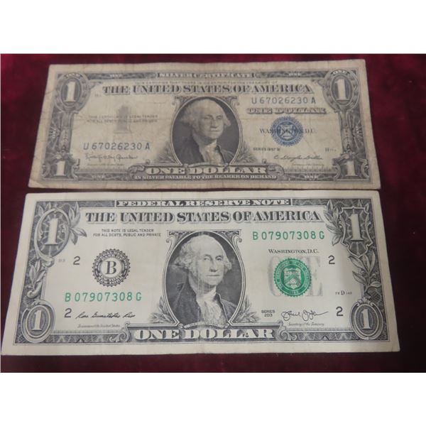 2 USA One Dollar Bills: 1957B and 2013