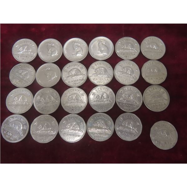 24 Canadian Nickels, Mostly 1960s, Includes 1947
