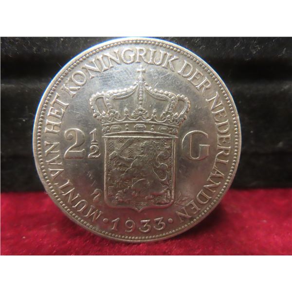 1933 Netherlands 2½ Gulden Crown Silver Coin