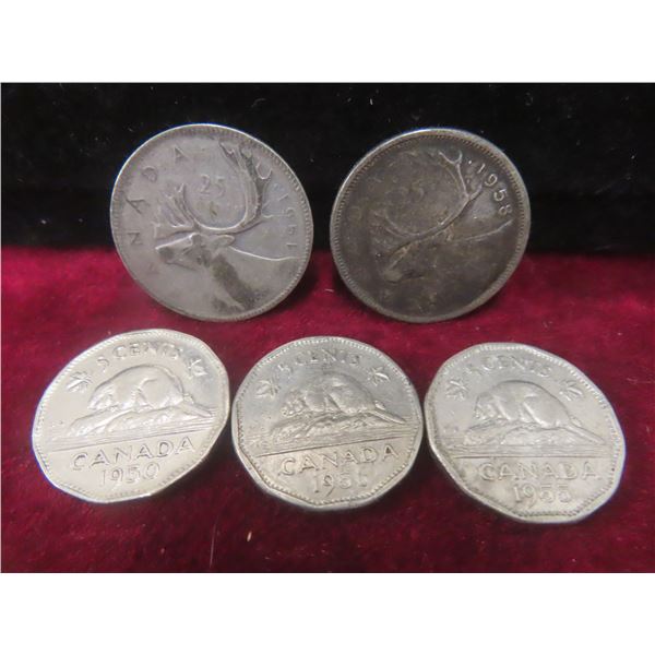 1951 and 1958 Canadian 25¢ Coins, and 3 x 5¢ Coins (1950, 1955, 1956)
