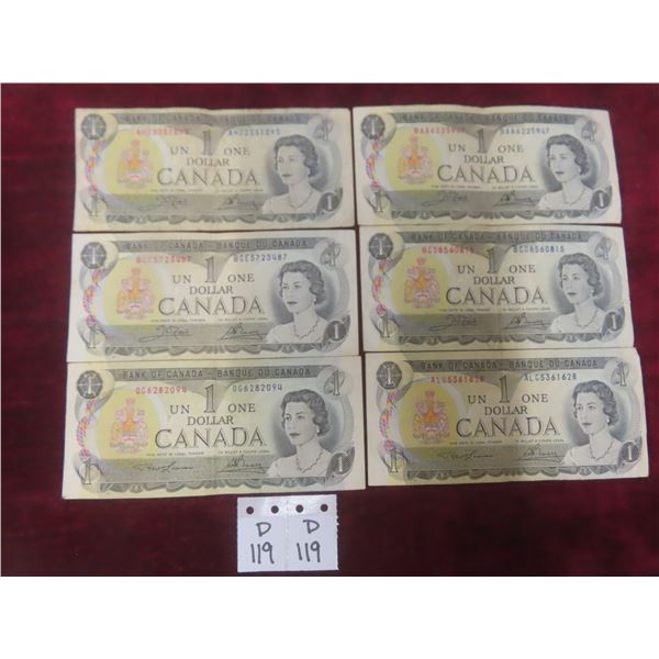 6 x 1973 Canadian $1 Bills