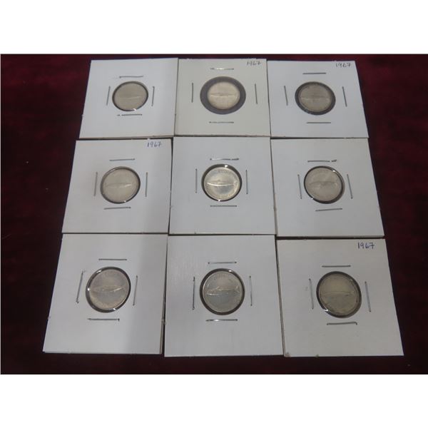 9 x 1967 Canadian 10¢ Coins