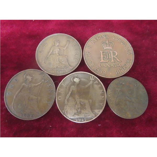 3 U.K. Pennies (1917, 1936, 1944), U.K. Half Penny (1917), and 1953 Canadian Coronation Medallion