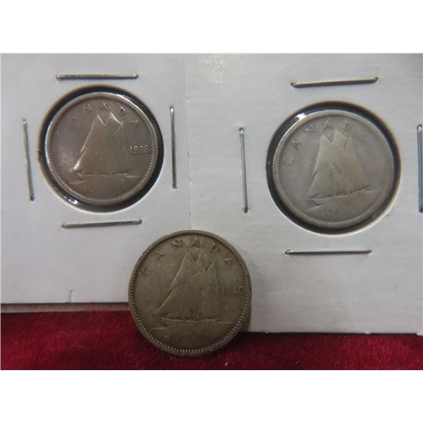 3 Canadian 10¢ Coins: 1937, 1938, and 1940