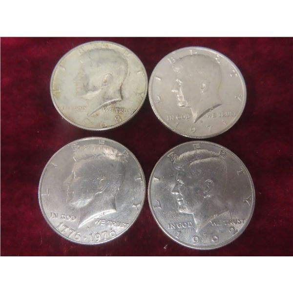 4 U.S. Half Dollar Coins: 1968, 1971, 1976, and 1992