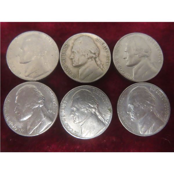 6 U.S. 5¢ Coins: 1946, 1971, 1974, 1977, 1979, and 1994
