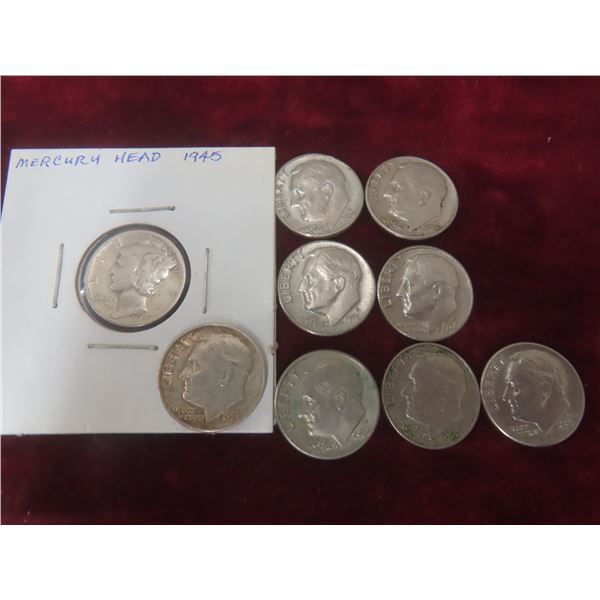 9 U.S. 10¢ Coins, Including 1945 and 1951