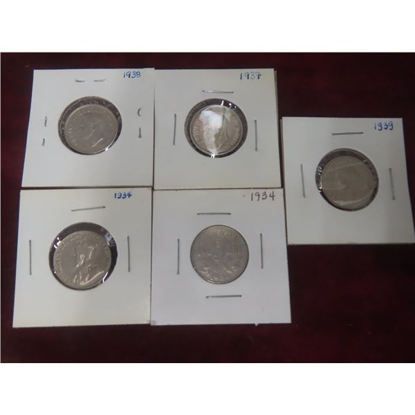 5 Canadian 5¢ Coins: 1934 (x2), 1937, 1938, and 1939