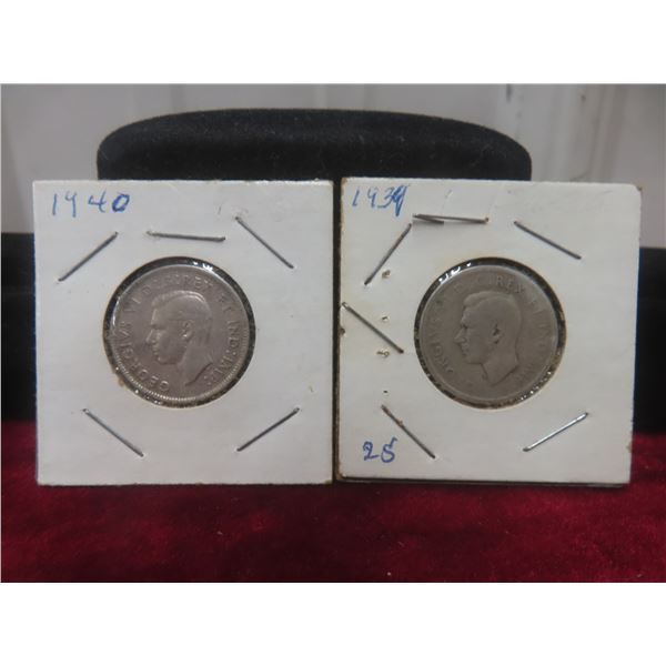 2 Canadian 25¢ Coins: 1934 and 1940