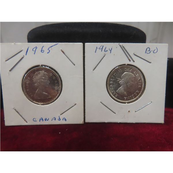 2 Canadian 25¢ Coins: 1964 and 1965