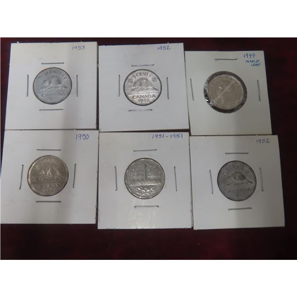6 Canadian 5¢ Coins: 1947, 1950, 1951, 1952 (x2), 1953