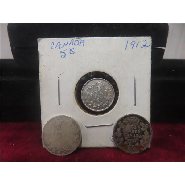 2 Canadian 10¢ Coins (dates unclear, includes approx. 1917) and 1910?/1912 5¢ Coin