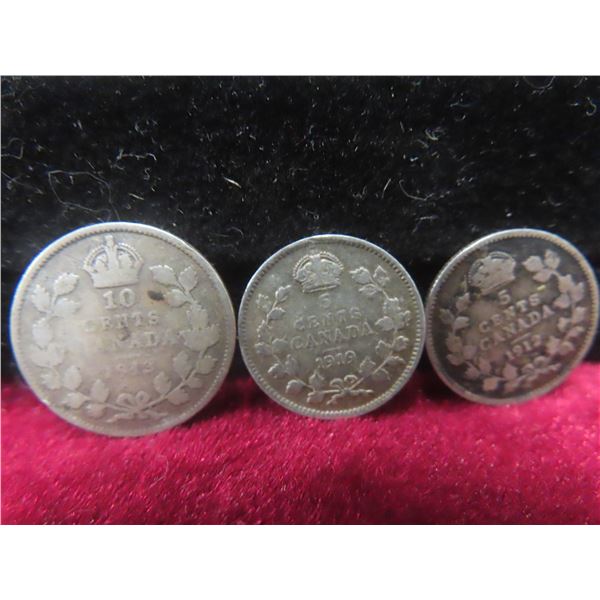 2 Canadian 5¢ Coins (1912, 1919) and 1913 10¢ Coin