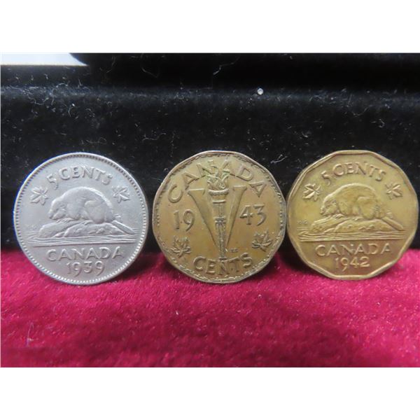 1939, 1942, and 1943 Canadian Nickels (Tombac)