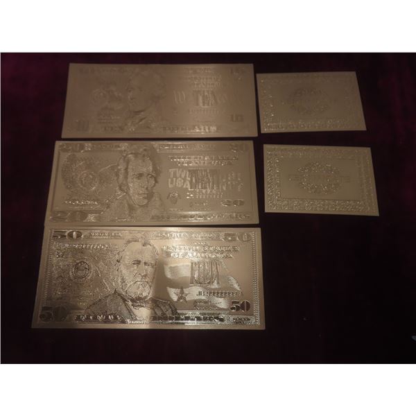 24K Gold Plated U.S. $10, $20, and $50 Bills