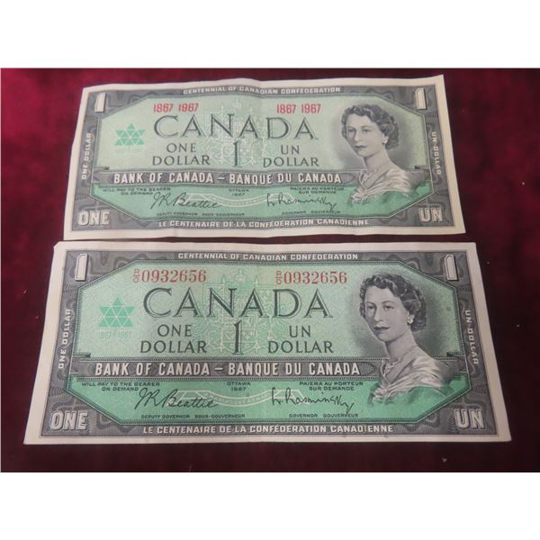 2 x 1967 Canadian $1 Bills