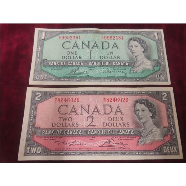 1954 Canadian $1 and $2 Bills