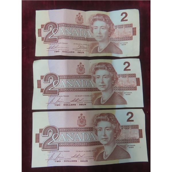 3 x 1986 Canadian $2 Bills