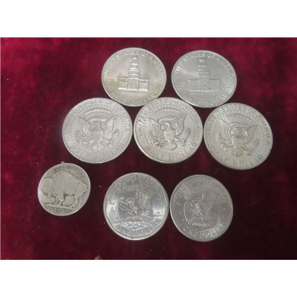 5 x 1970s U.S. Kennedy Half Dollars, 2 x 1979 U.S. $1 Coins, and U.S. Buffalo Nickel (1928?)