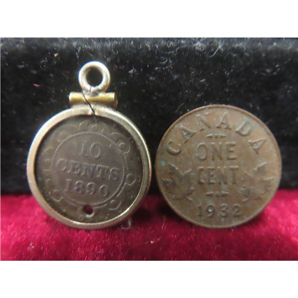 1932 Canadian One Cent Coin and 1890 Newfoundland 10¢ Silver Coin/Charm