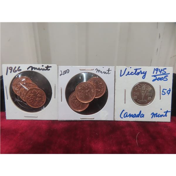 3 x 1966 Canadian Pennies, 3 x 2000 Canadian Pennies, and 2005 Canadian Victory Nickel