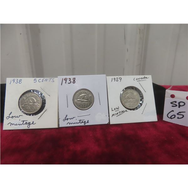 3 Canadian Nickels: 1938 (x2), 1939