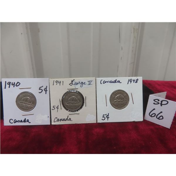 3 Canadian Nickels: 1940, 1941, 1948