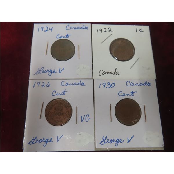 4 Canadian 1¢ Coins: 1922, 1924, 1926, 1930