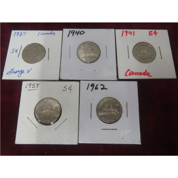 5 Canadian Nickels: 1927, 1940, 1941, 1959, 1962