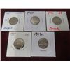 Image 1 : 5 Canadian Nickels: 1927, 1940, 1941, 1959, 1962