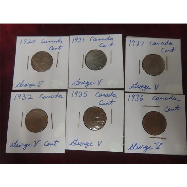 6 Canadian 1¢ Coins: 1920, 1921, 1927, 1932, 1935, 1936