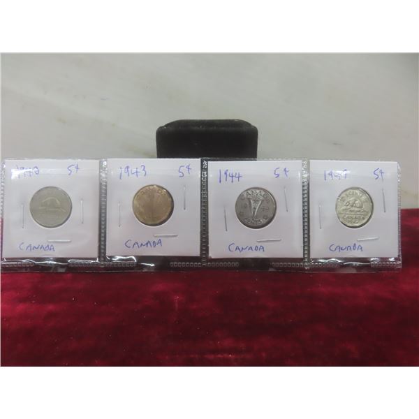 Set of 4 Canadian Nickels: 1942, 1943, 1944, 1947