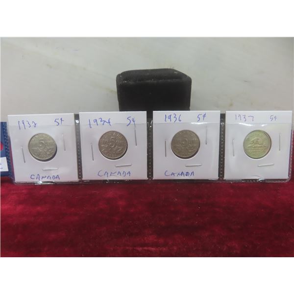 Set of 4 Canadian Nickels: 1932, 1934, 1936, 1937