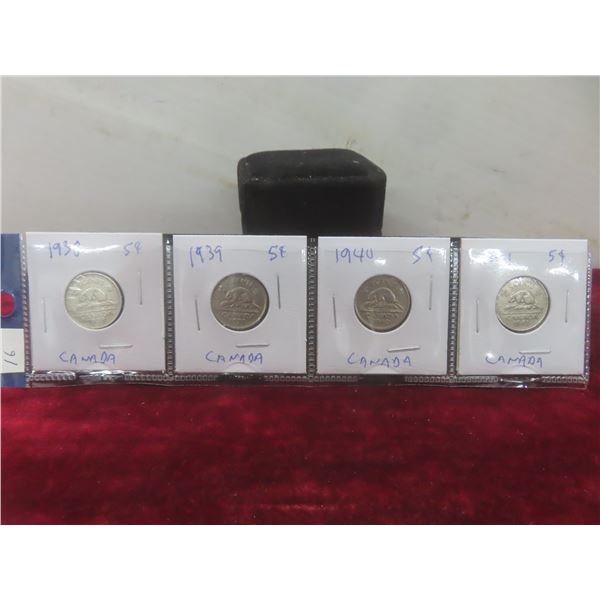 Set of 4 Canadian Nickels: 1938, 1939, 1940, 1941