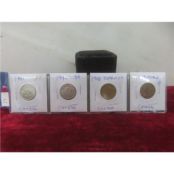 Set of 4 Canadian Nickels: 1941, 1942, 1942 Tombac, 1943 Tombac