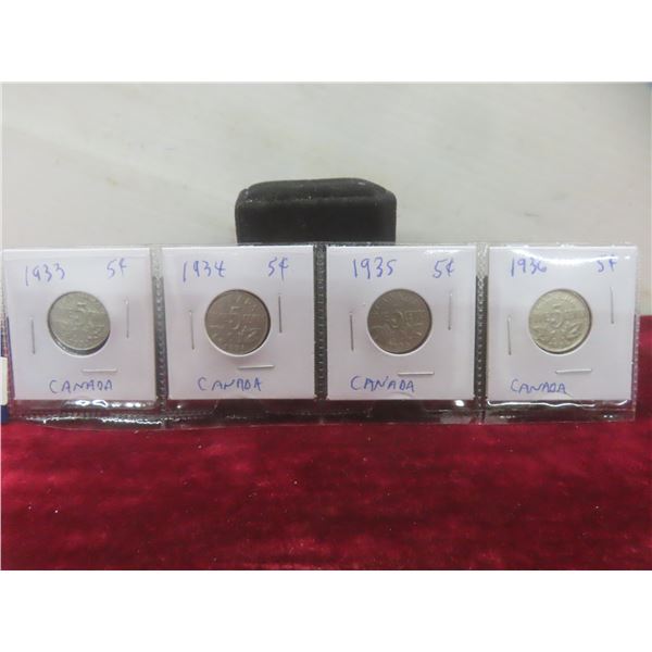 Set of 4 Canadian Nickels: 1933, 1934, 1935, 1936