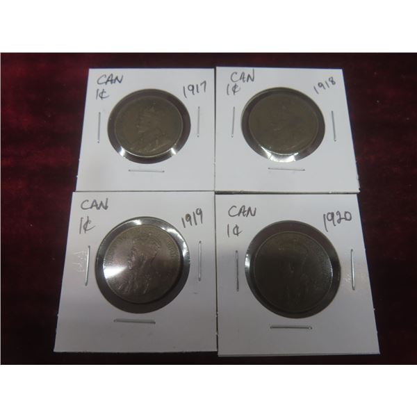 4 Canadian Large Cent Coins: 1917, 1918, 1919, 1920