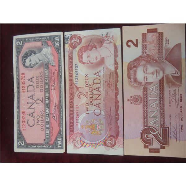 3 Canadian $2 Bills: 1954, 1974, 1986