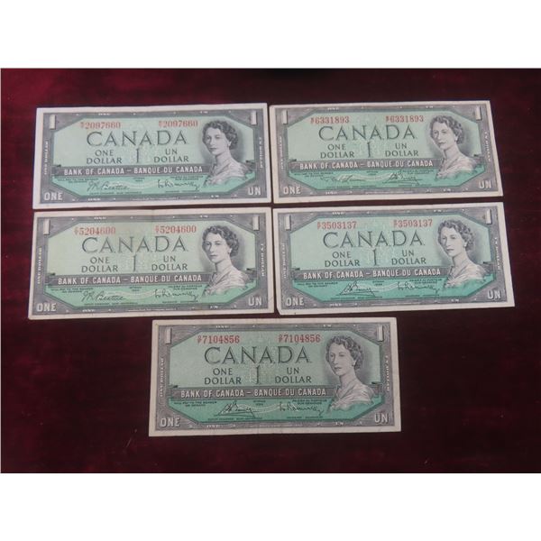 5 1954 Canadian $1 Bills